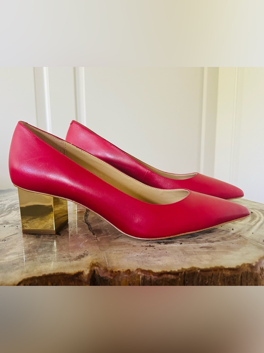 MICHAEL KORS Women’s Red Leather gold Block Heel Pumps